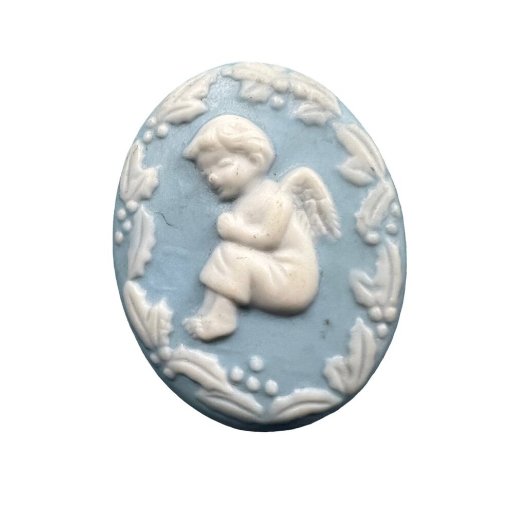 Vintage KD Brooch Blue‎ Jasperware Cherub Angel Blue White Cameo Pin